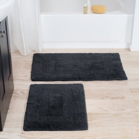 HASTINGS HOME 2-piece Cotton Bathmat Set, 100-percent Cotton Reversible, Soft, Absorbent, Washable Rugs (Black) 169524WHB